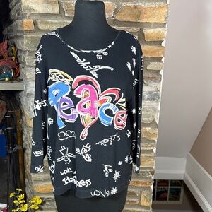 Chico's Black Long Sleeve Tee with Colorful Peace Design